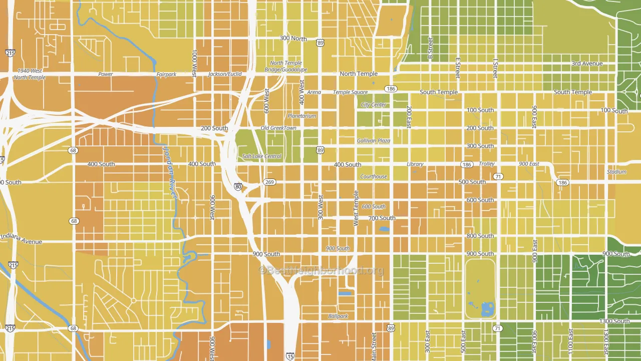 Map of the best neighborhoods in the 84101 area, with better matches in green and worse matches in red