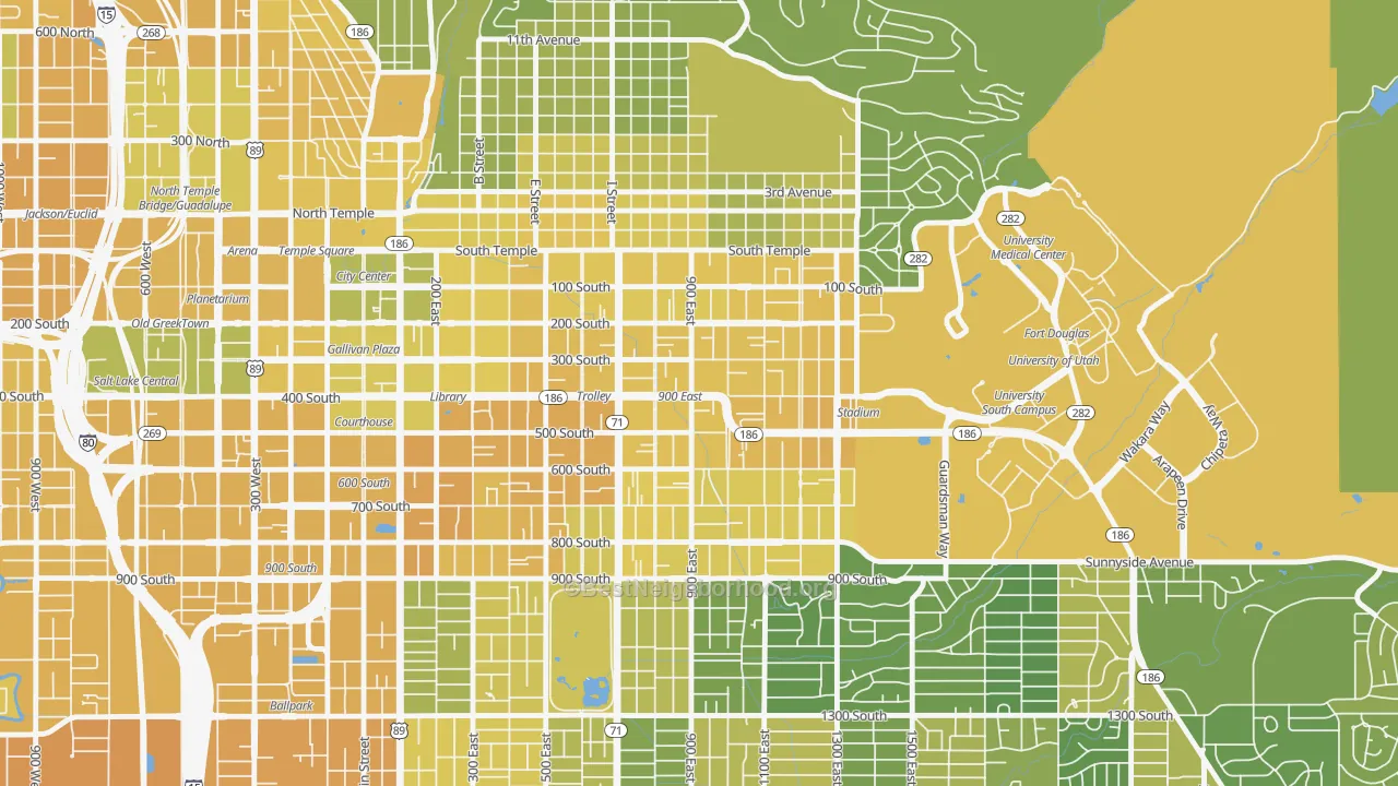Map of the best neighborhoods in the 84102 area, with better matches in green and worse matches in red