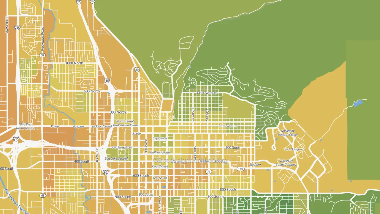 Map of the best neighborhoods in the 84103 area, with better matches in green and worse matches in red