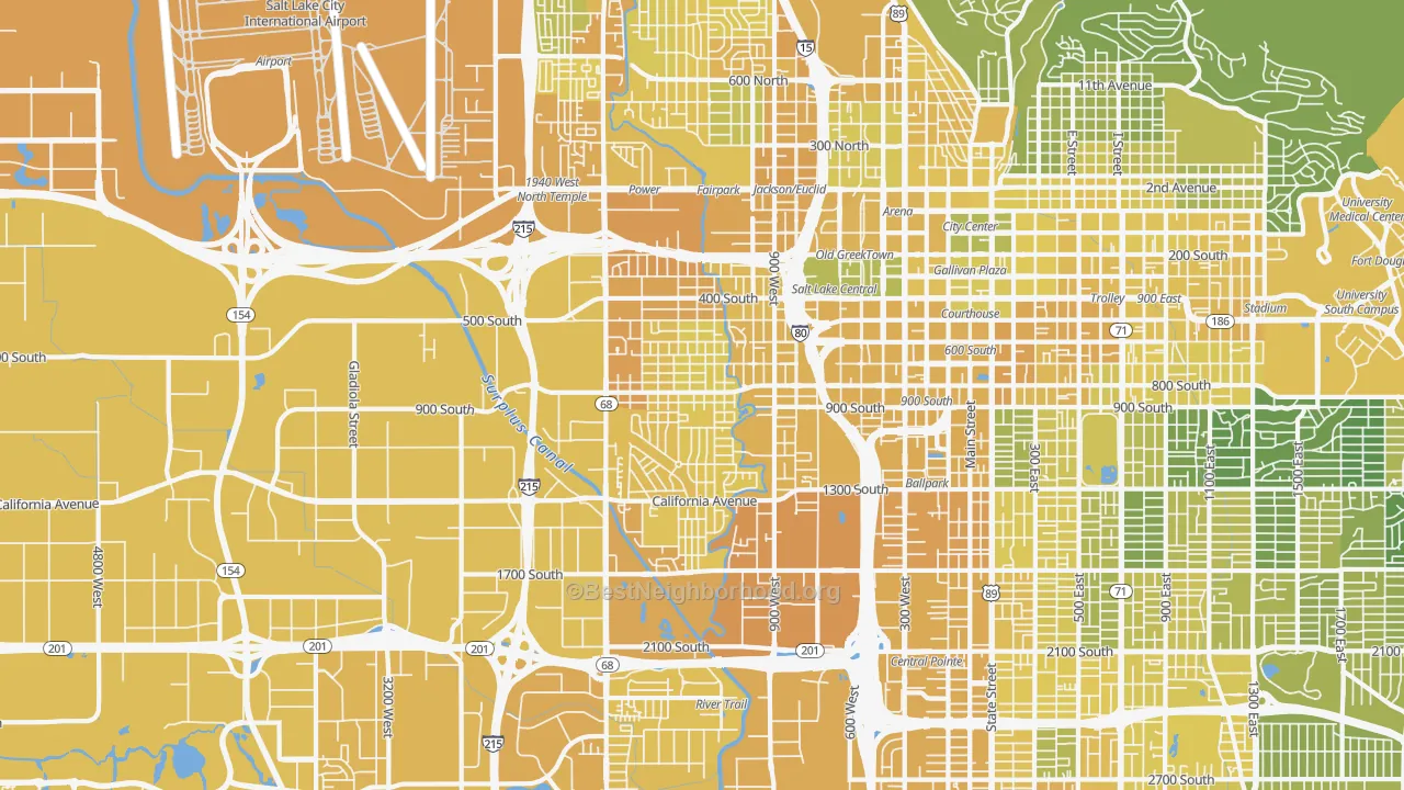 Map of the best neighborhoods in the 84104 area, with better matches in green and worse matches in red