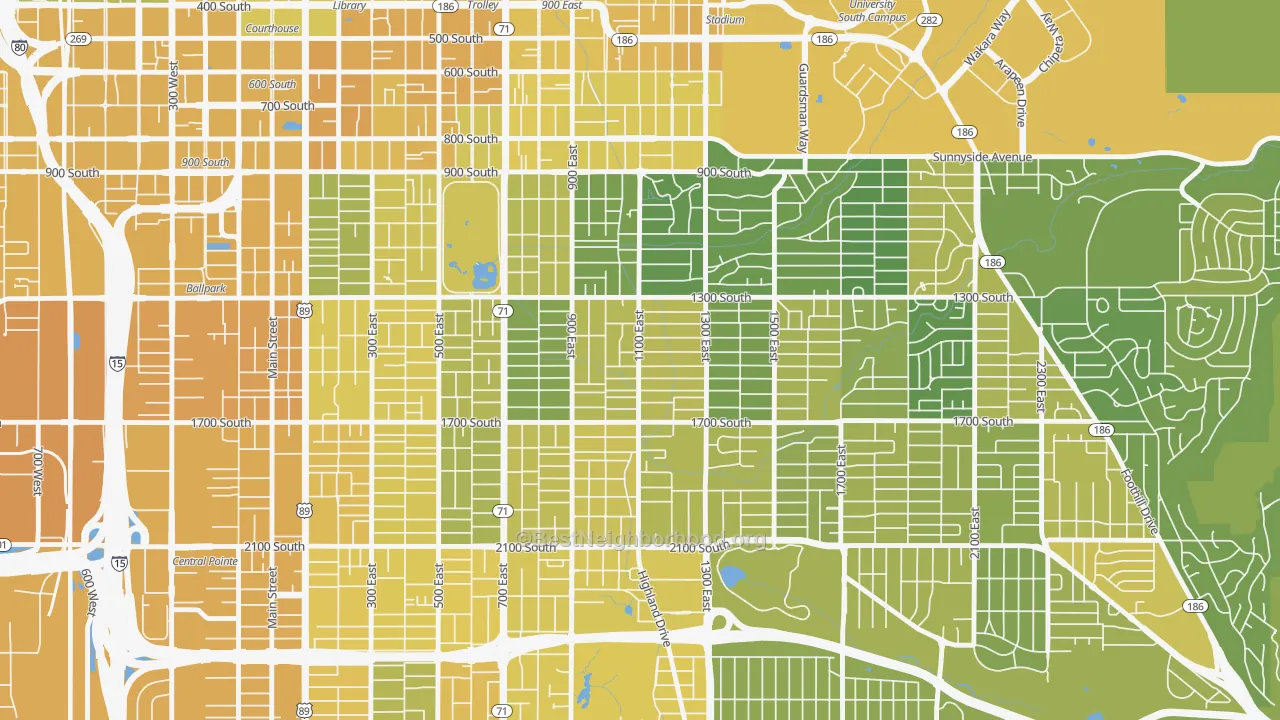 Map of the best neighborhoods in the 84105 area, with better matches in green and worse matches in red
