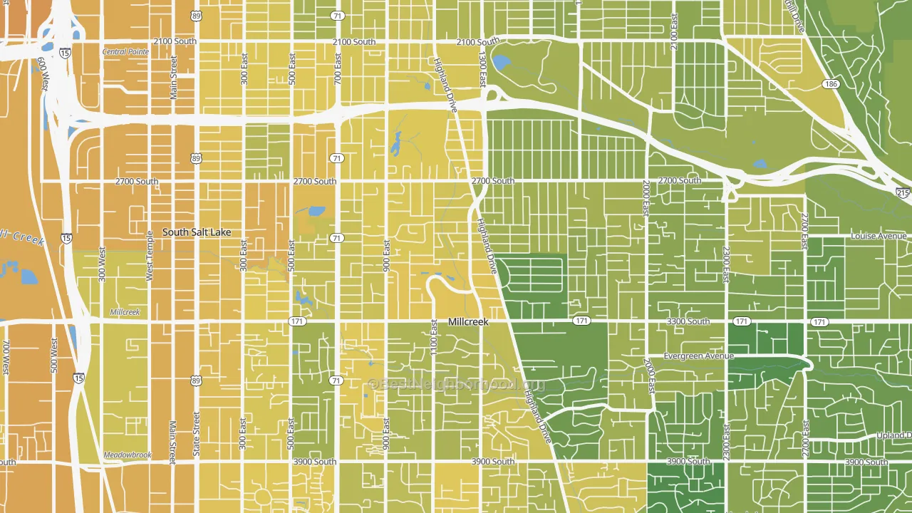 Map of the best neighborhoods in the 84106 area, with better matches in green and worse matches in red