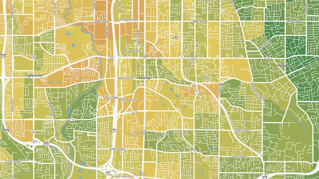 Map of the best neighborhoods in the 84107 area, with better matches in green and worse matches in red