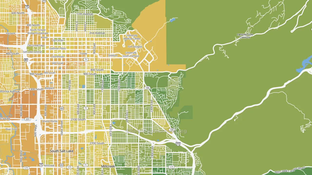Map of the best neighborhoods in the 84108 area, with better matches in green and worse matches in red