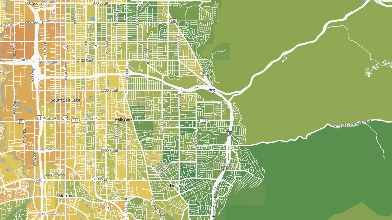 Map of the best neighborhoods in the 84109 area, with better matches in green and worse matches in red