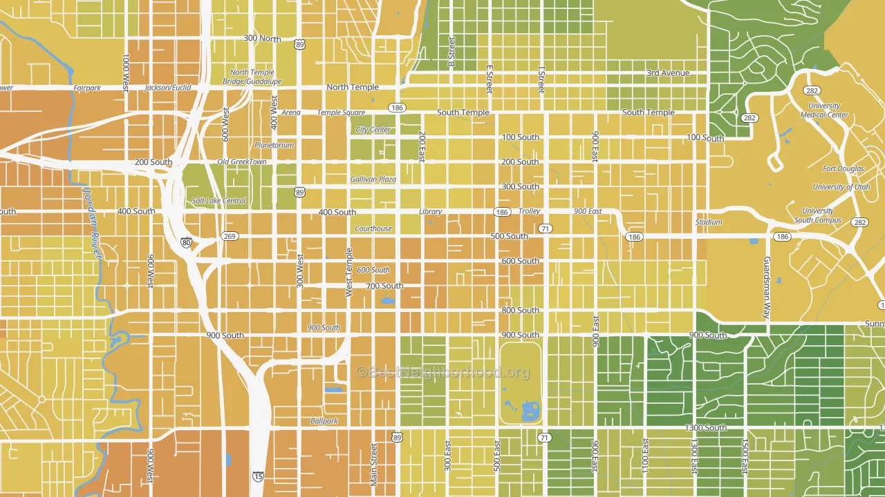 Map of the best neighborhoods in the 84111 area, with better matches in green and worse matches in red