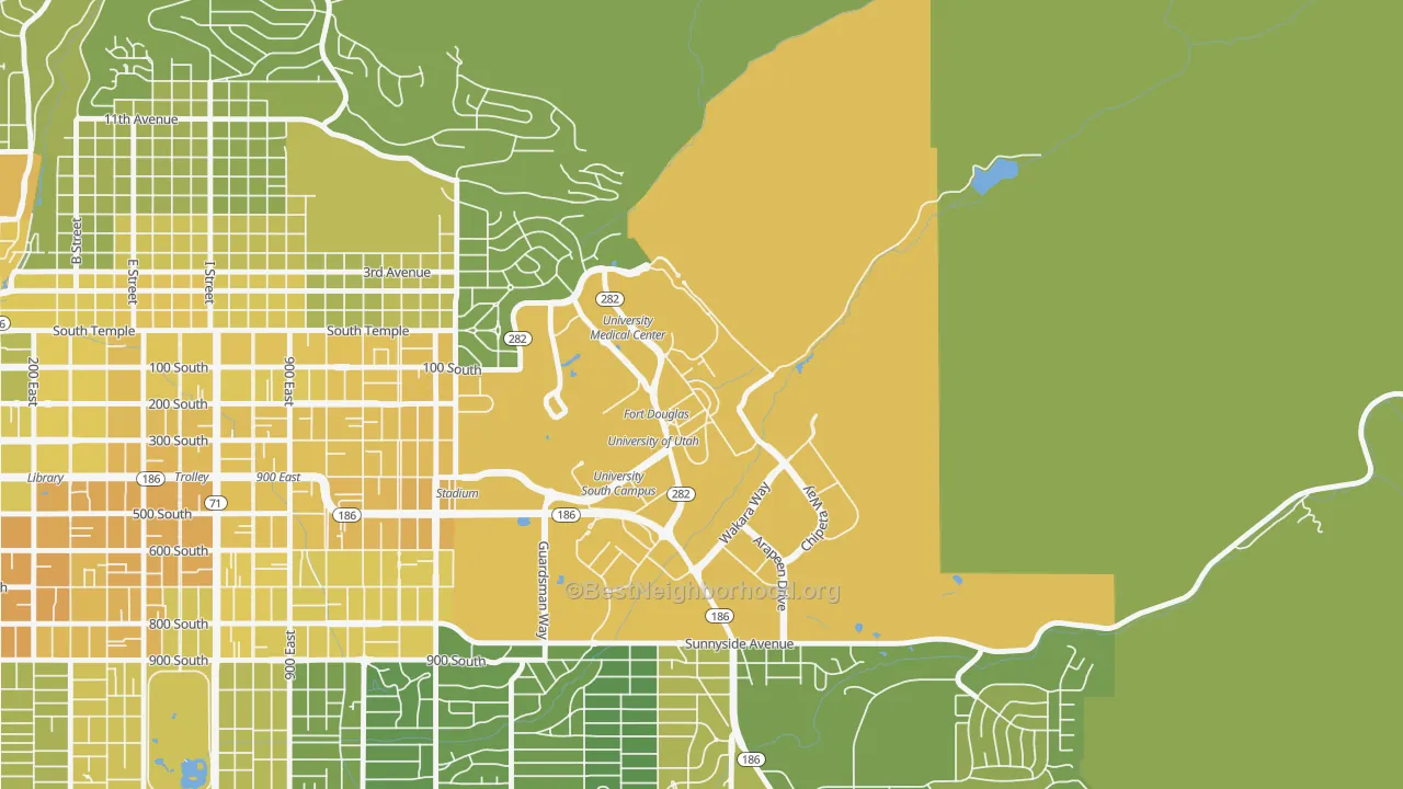 Map of the best neighborhoods in the 84112 area, with better matches in green and worse matches in red