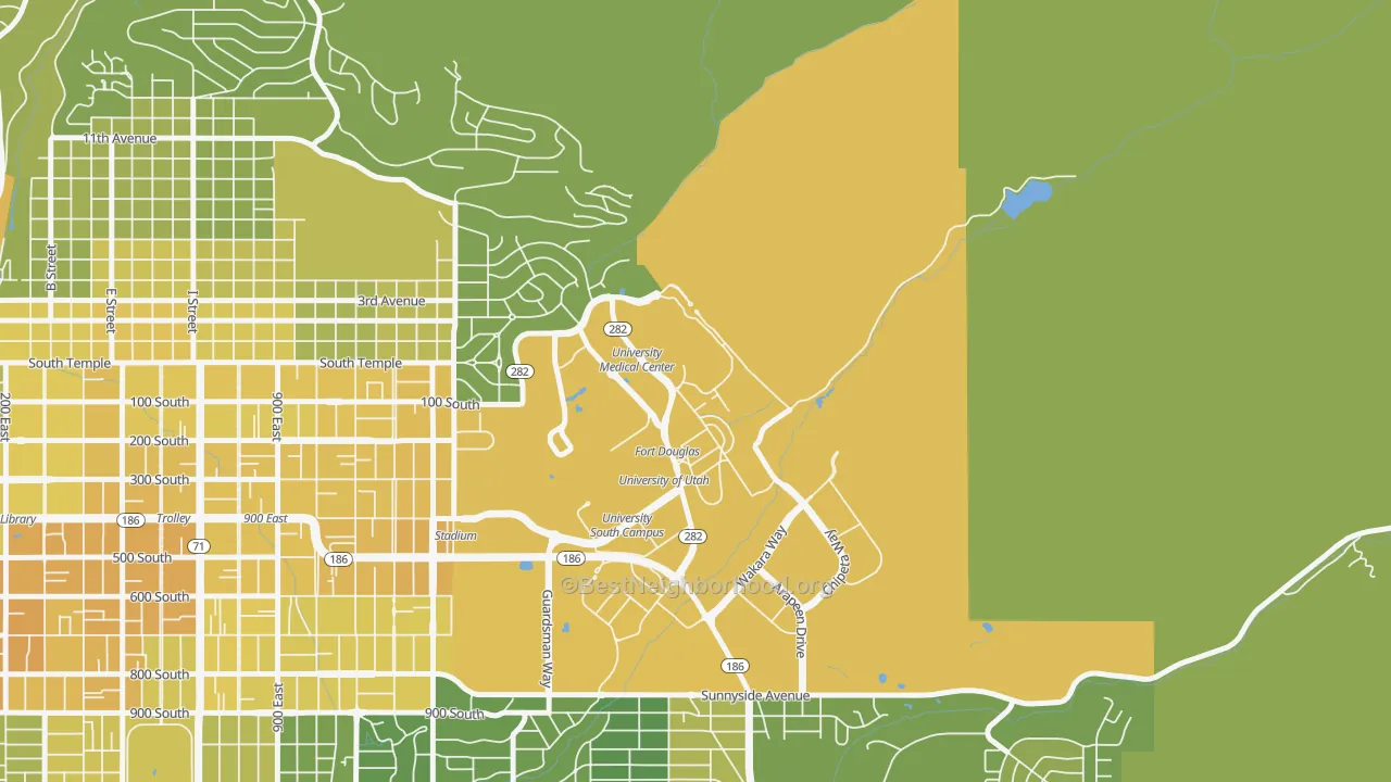 Map of the best neighborhoods in the 84113 area, with better matches in green and worse matches in red