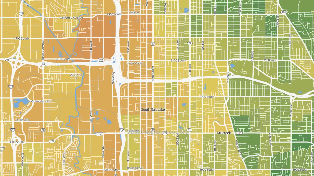Map of the best neighborhoods in the 84115 area, with better matches in green and worse matches in red