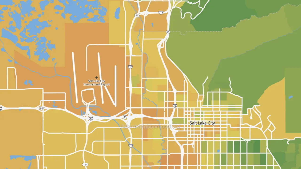 Map of the best neighborhoods in the 84116 area, with better matches in green and worse matches in red