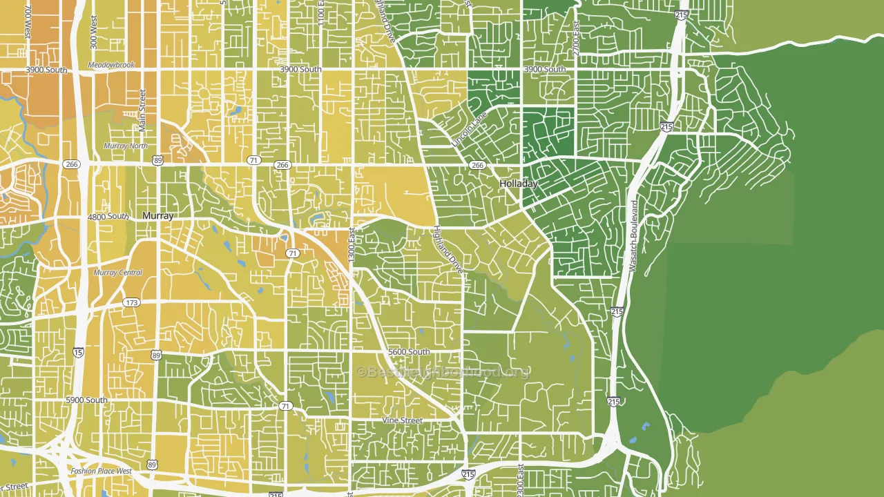 Map of the best neighborhoods in the 84117 area, with better matches in green and worse matches in red