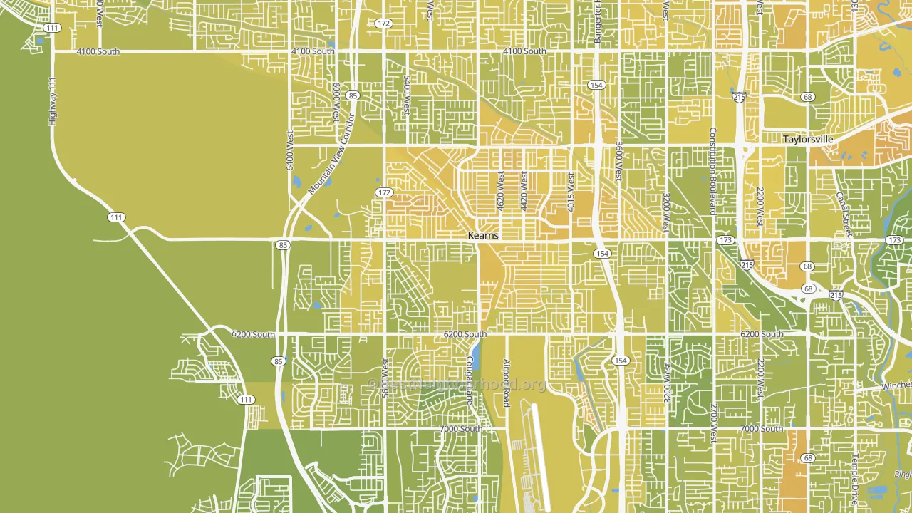Map of the best neighborhoods in the 84118 area, with better matches in green and worse matches in red