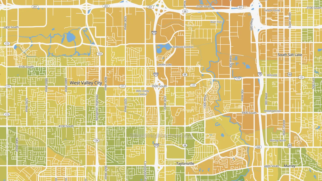 Map of the best neighborhoods in the 84119 area, with better matches in green and worse matches in red