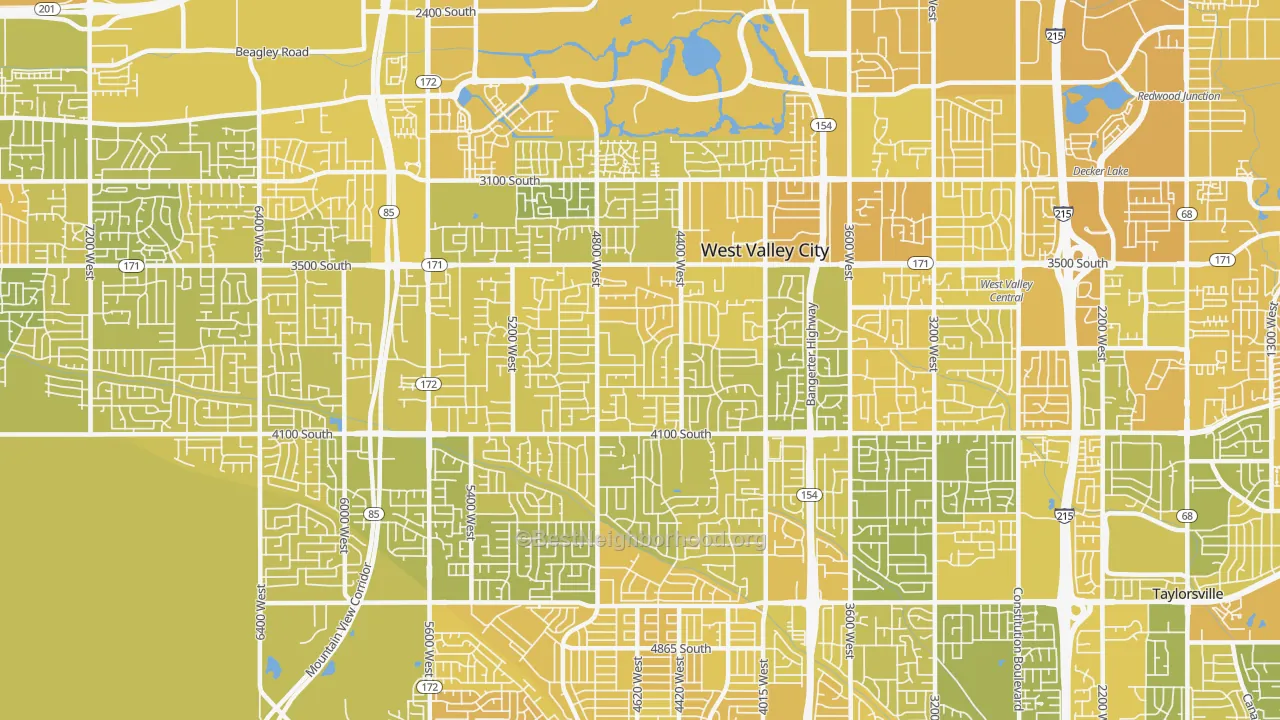 Map of the best neighborhoods in the 84120 area, with better matches in green and worse matches in red