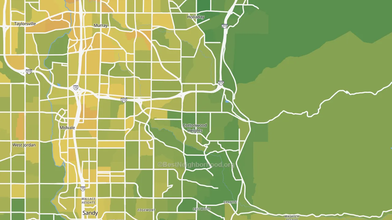 Map of the best neighborhoods in the 84121 area, with better matches in green and worse matches in red