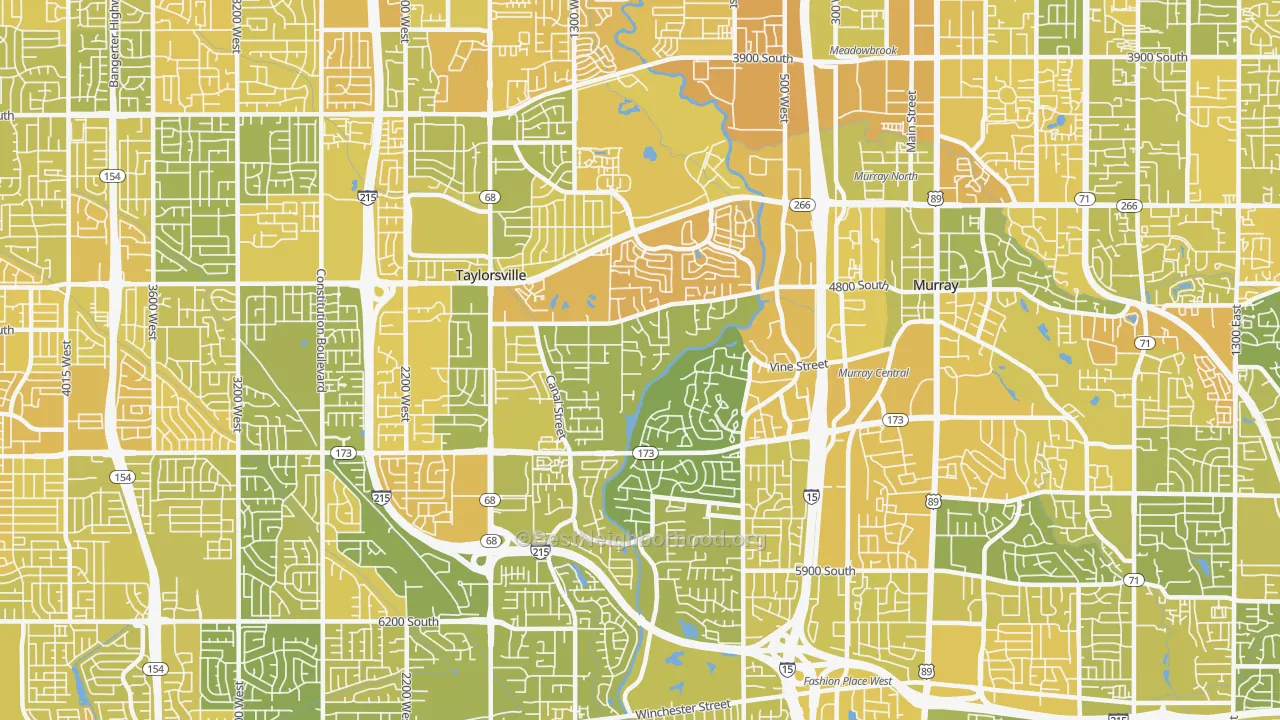 Map of the best neighborhoods in the 84123 area, with better matches in green and worse matches in red