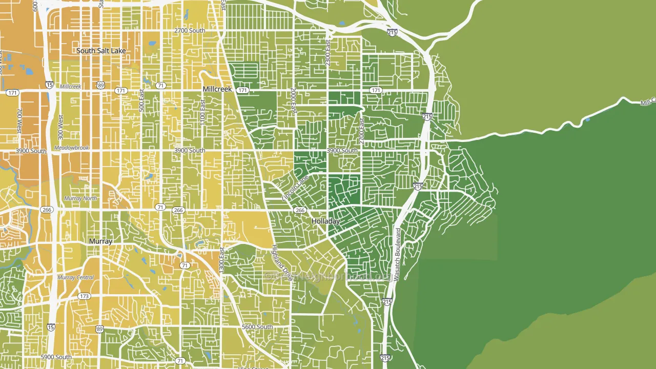 Map of the best neighborhoods in the 84124 area, with better matches in green and worse matches in red