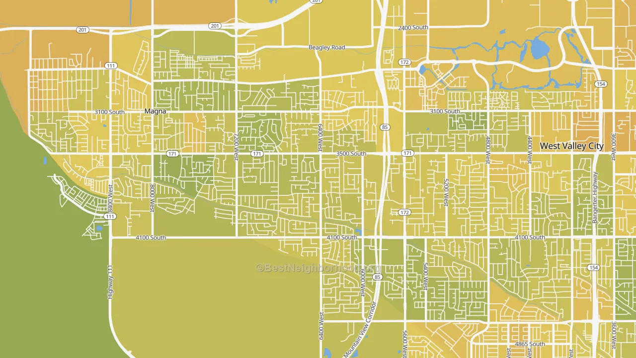 Map of the best neighborhoods in the 84128 area, with better matches in green and worse matches in red