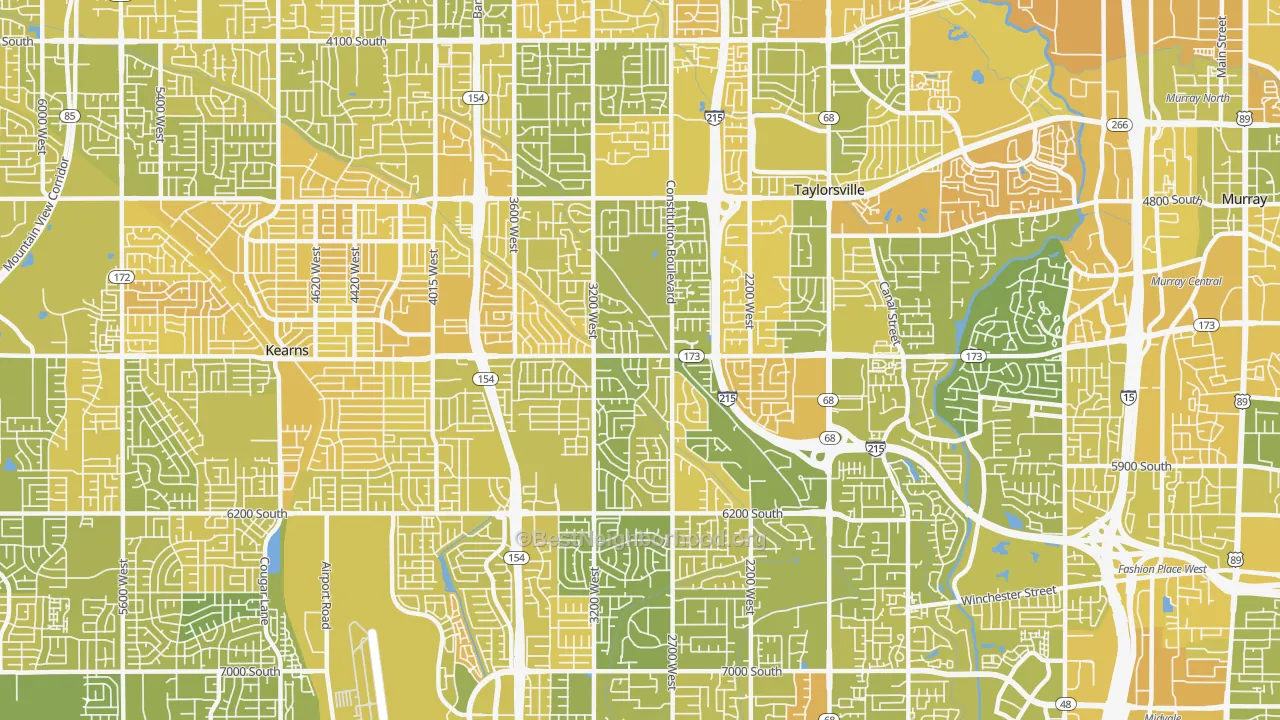 Map of the best neighborhoods in the 84129 area, with better matches in green and worse matches in red