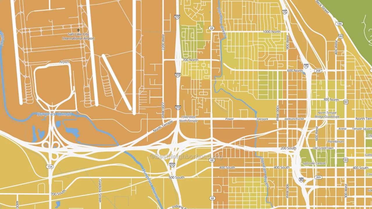 Map of the best neighborhoods in the 84134 area, with better matches in green and worse matches in red