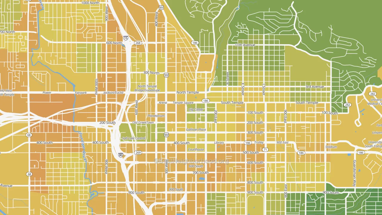 Map of the best neighborhoods in the 84144 area, with better matches in green and worse matches in red