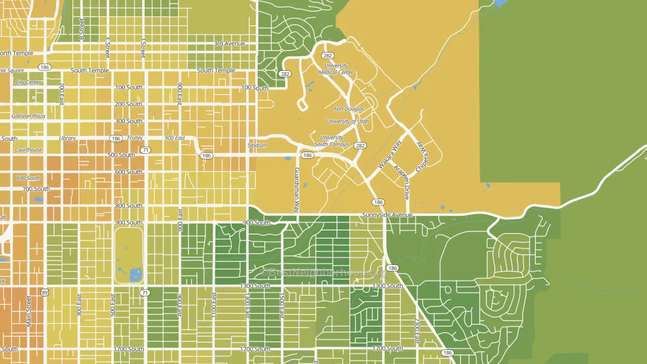 Map of the best neighborhoods in the 84148 area, with better matches in green and worse matches in red