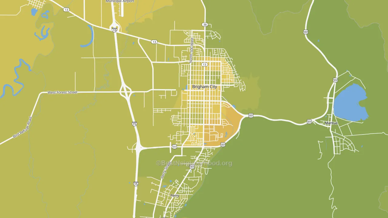 Map of the best neighborhoods in the 84302 area, with better matches in green and worse matches in red