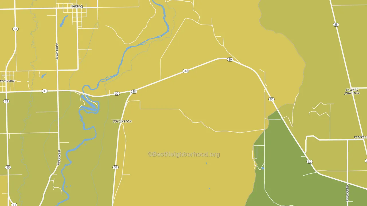 Map of the best neighborhoods in the 84306 area, with better matches in green and worse matches in red