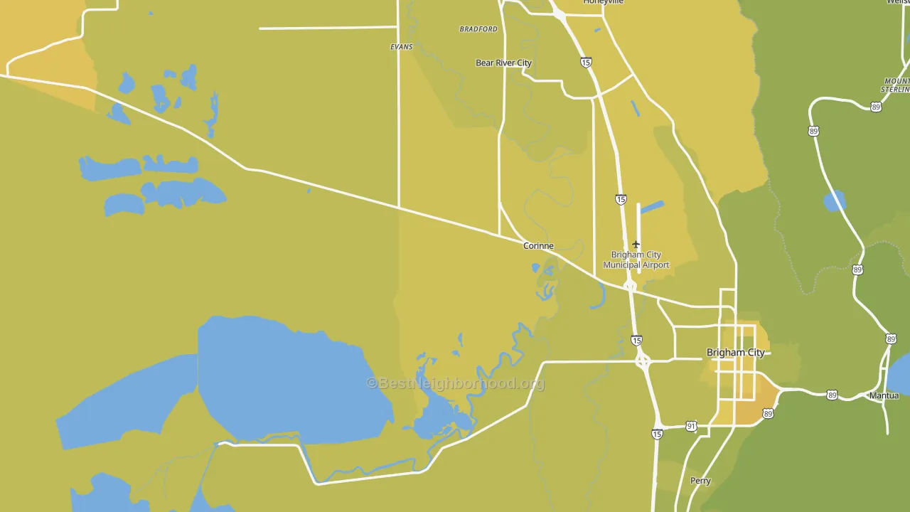 Map of the best neighborhoods in the 84307 area, with better matches in green and worse matches in red
