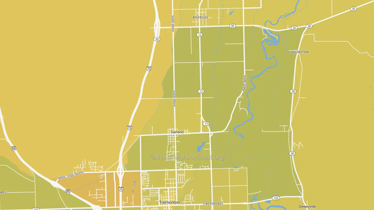 Map of the best neighborhoods in the 84312 area, with better matches in green and worse matches in red