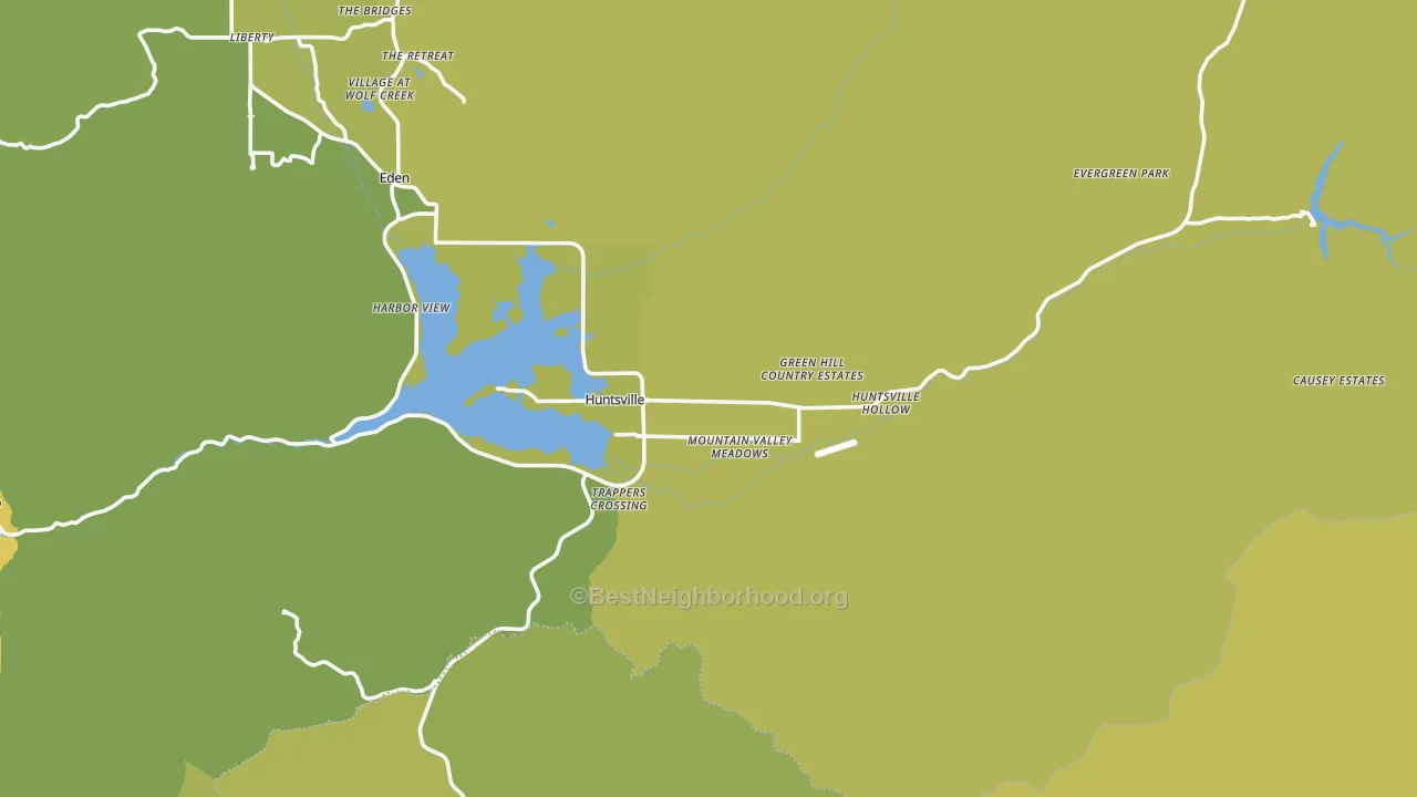 Map of the best neighborhoods in the 84317 area, with better matches in green and worse matches in red