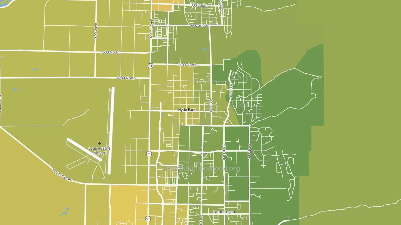 Map of the best neighborhoods in the 84318 area, with better matches in green and worse matches in red