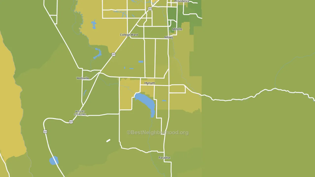 Map of the best neighborhoods in the 84319 area, with better matches in green and worse matches in red