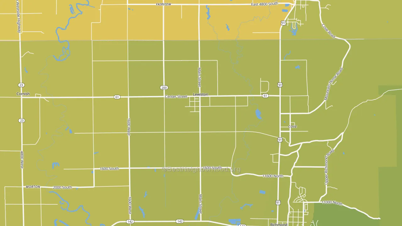 Map of the best neighborhoods in the 84320 area, with better matches in green and worse matches in red