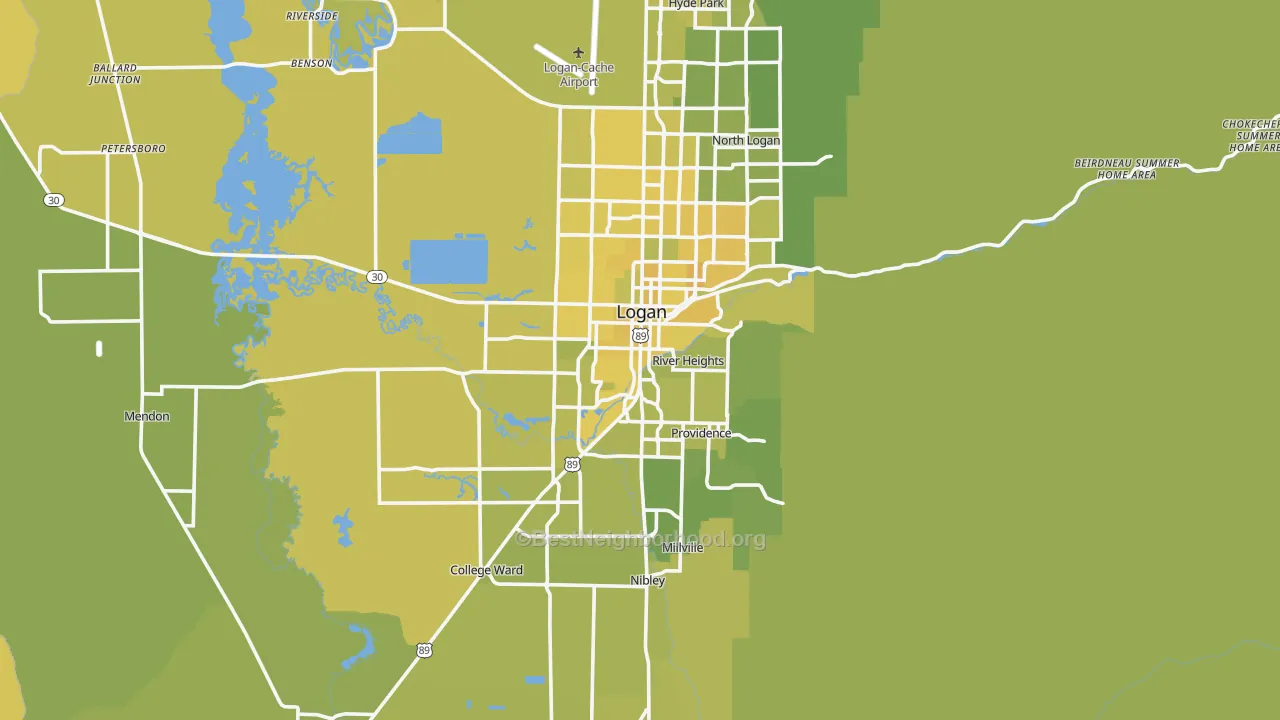 Map of the best neighborhoods in the 84321 area, with better matches in green and worse matches in red