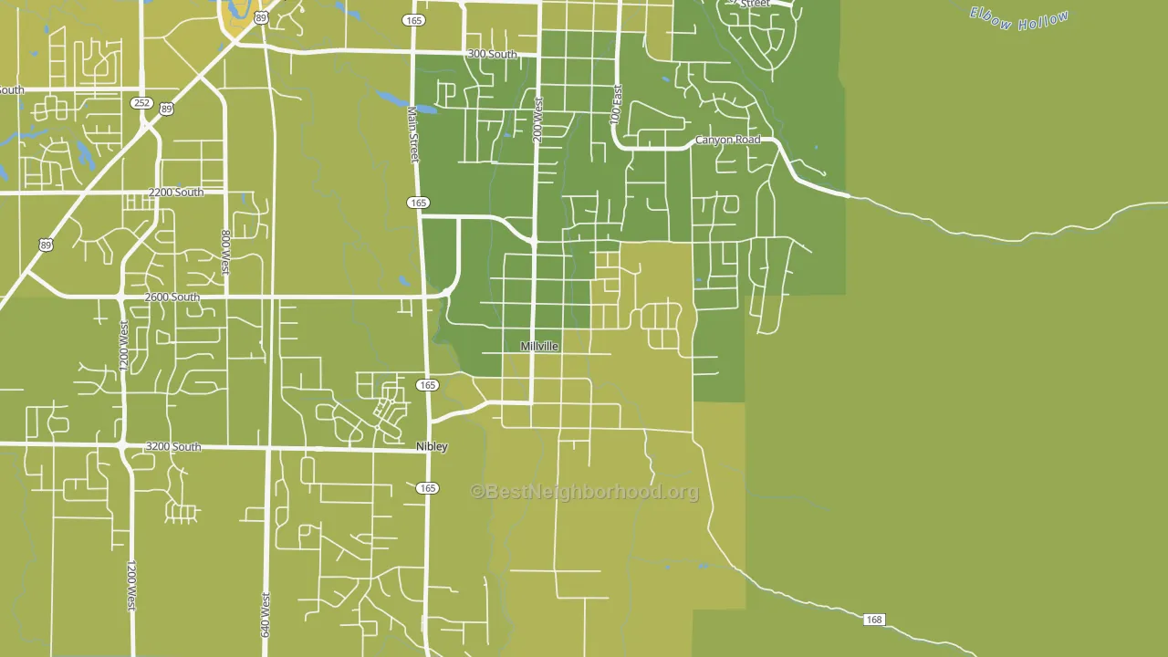 Map of the best neighborhoods in the 84326 area, with better matches in green and worse matches in red