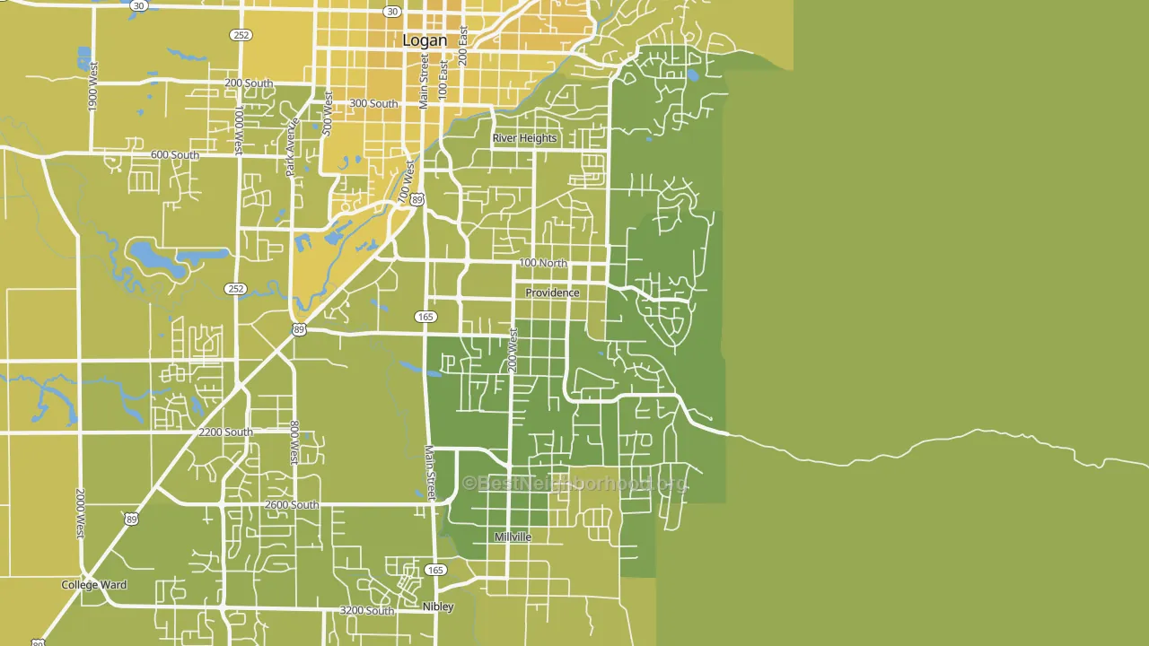 Map of the best neighborhoods in the 84332 area, with better matches in green and worse matches in red