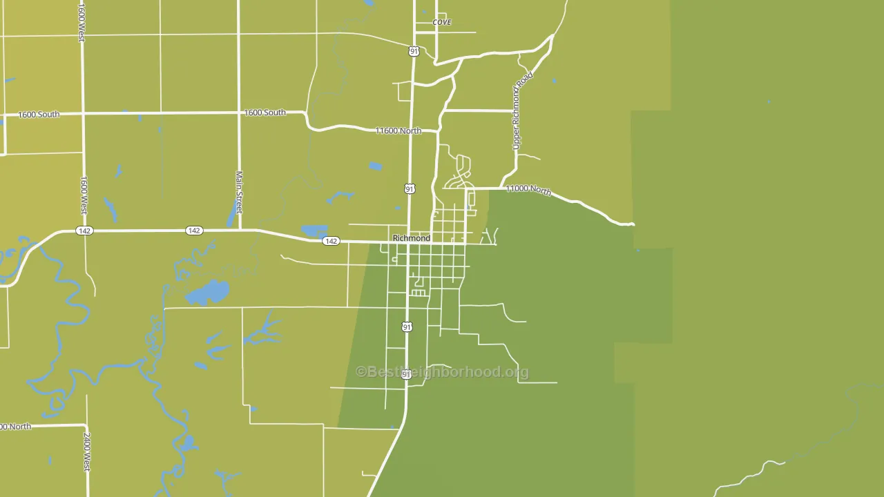 Map of the best neighborhoods in the 84333 area, with better matches in green and worse matches in red