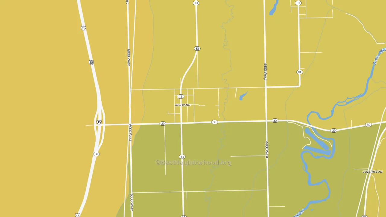 Map of the best neighborhoods in the 84334 area, with better matches in green and worse matches in red