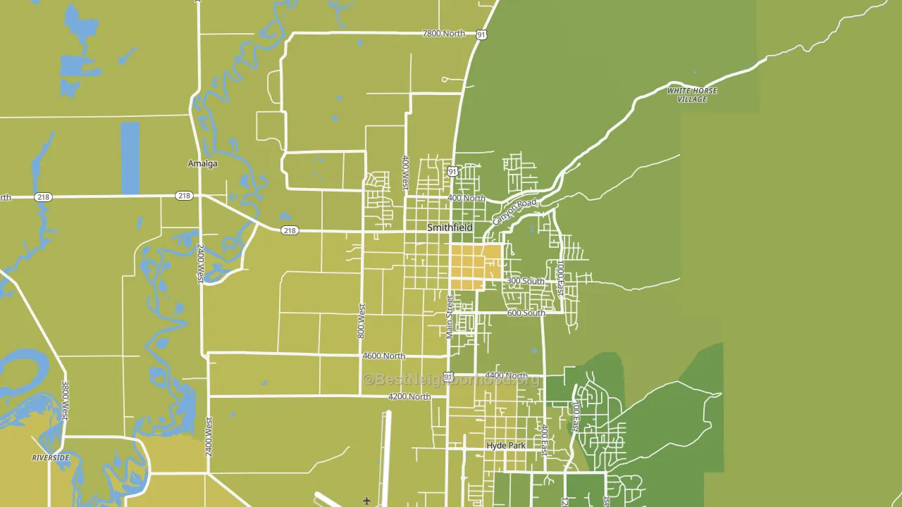 Map of the best neighborhoods in the 84335 area, with better matches in green and worse matches in red