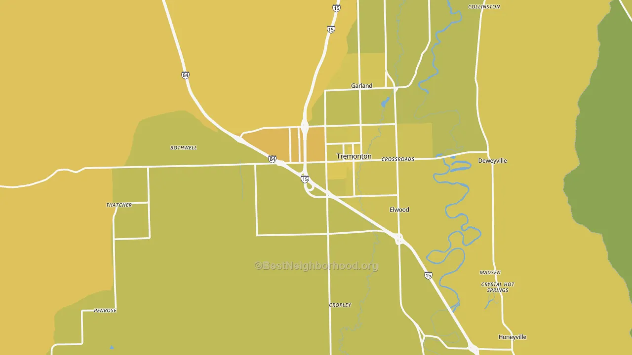 Map of the best neighborhoods in the 84337 area, with better matches in green and worse matches in red