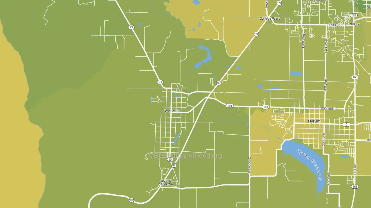 Map of the best neighborhoods in the 84339 area, with better matches in green and worse matches in red