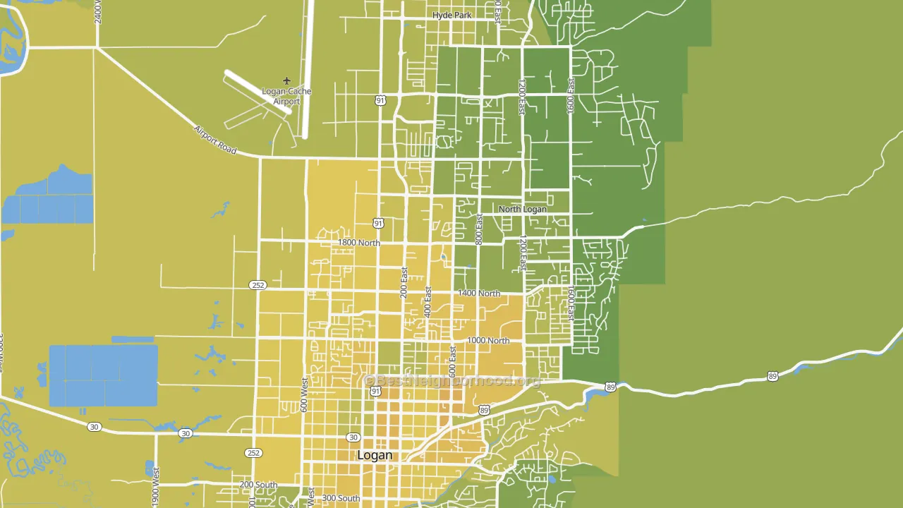 Map of the best neighborhoods in the 84341 area, with better matches in green and worse matches in red
