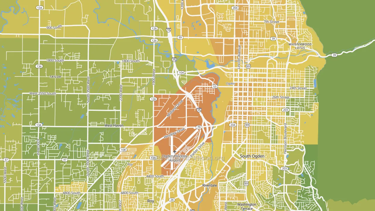 Map of the best neighborhoods in the 84401 area, with better matches in green and worse matches in red