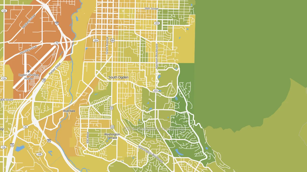 Map of the best neighborhoods in the 84403 area, with better matches in green and worse matches in red