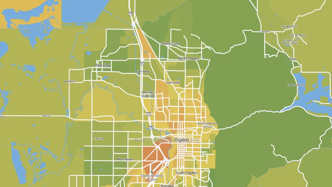 Map of the best neighborhoods in the 84404 area, with better matches in green and worse matches in red