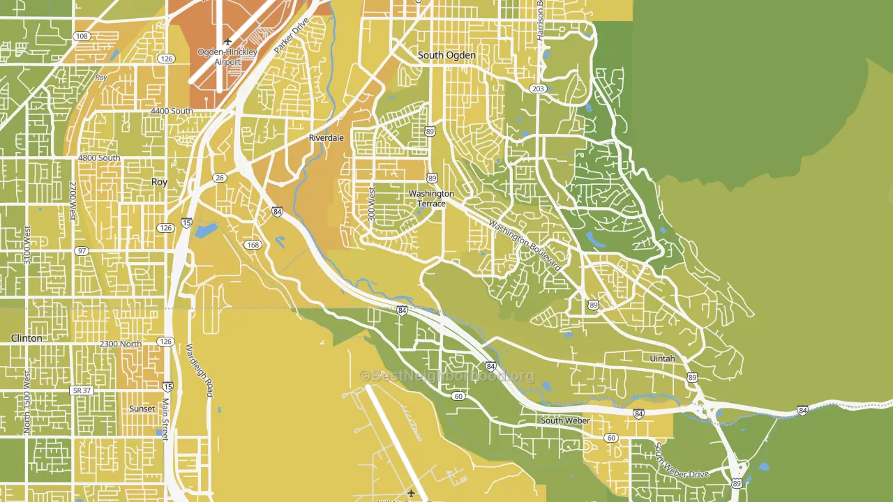 Map of the best neighborhoods in the 84405 area, with better matches in green and worse matches in red
