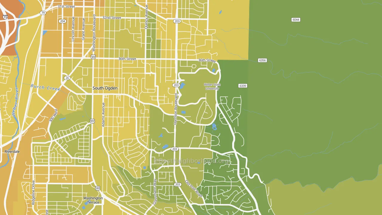 Map of the best neighborhoods in the 84408 area, with better matches in green and worse matches in red