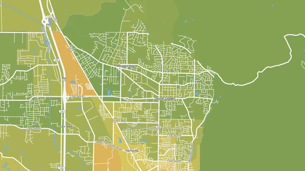 Map of the best neighborhoods in the 84414 area, with better matches in green and worse matches in red