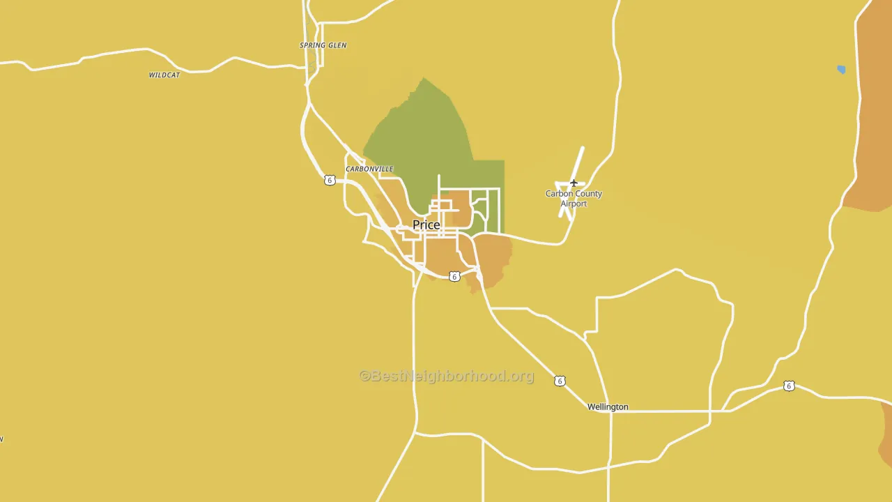 Map of the best neighborhoods in the 84501 area, with better matches in green and worse matches in red